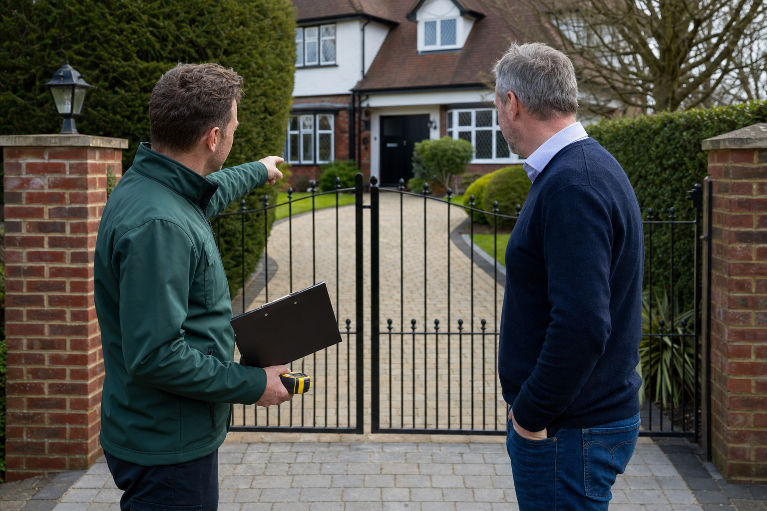 An Essex driveway gate specialist discussing a free site survey with a homeowner