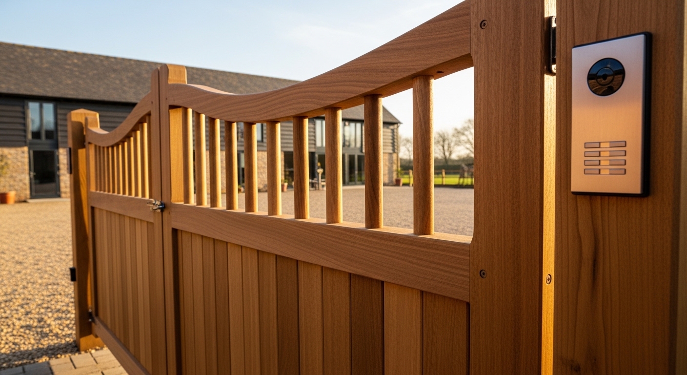 Hardwood iroko driveway gate on an Essex country property
