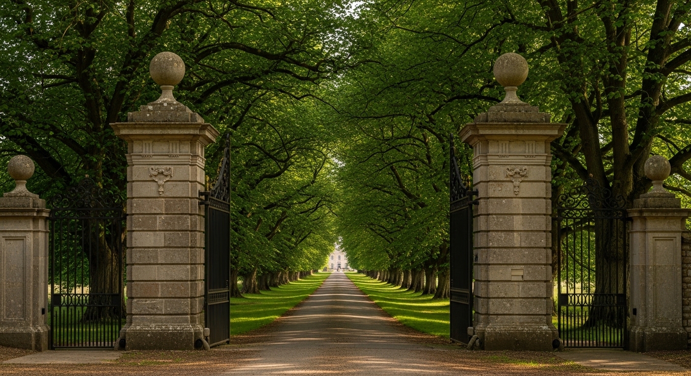 Ornate wrought iron driveway gates open on an Essex estate